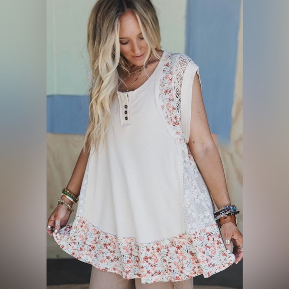 POL | NWT Sunlit Blooms Floral Lace Patchwork Oversized Tunic Top Blouse Shirt S - Picture 5 of 7